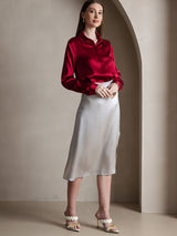 Red silk long sleeve lapel collar women's shirt with concealed button placket