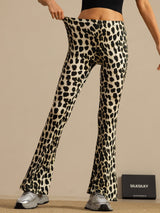 High-waisted leopard print silk flare pants in slim-fit bell-bottom style