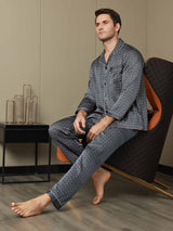 [Navy Ginkgo] SilkSilky  Long Sleeve Lapel Collar Men's Pajamas 003