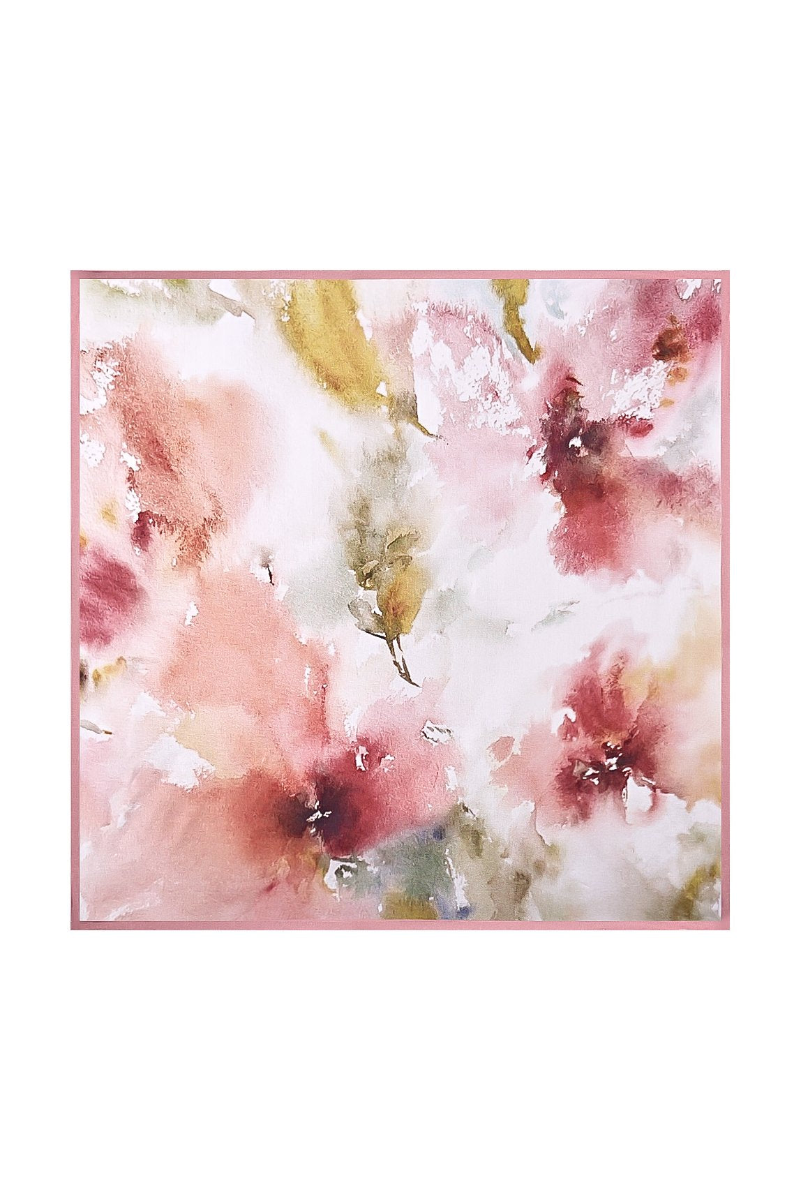 Square floral mulberry silk scarf with pink trim, pink and gold watercolor blooms
