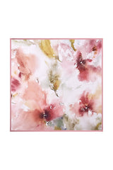 Square floral mulberry silk scarf with pink trim, pink and gold watercolor blooms