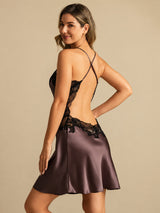 [Dark Brown] SilkSilky  Spaghetti Strap V Neck Nightgown 002