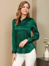[Dark Green] SilkSilky  Long Sleeve Lapel Collar Women's Shirts 001