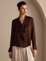 [Bitter Chocolate] SilkSilky  Long Sleeve Tie Neck Women's Blouse 001