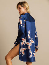 [Dark Blue] SilkSilky  Long Sleeve Lapel Collar Nightshirt 002