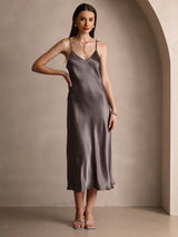 [Dark Khaki] SilkSilky  Spaghetti Strap V Neck Dress 003