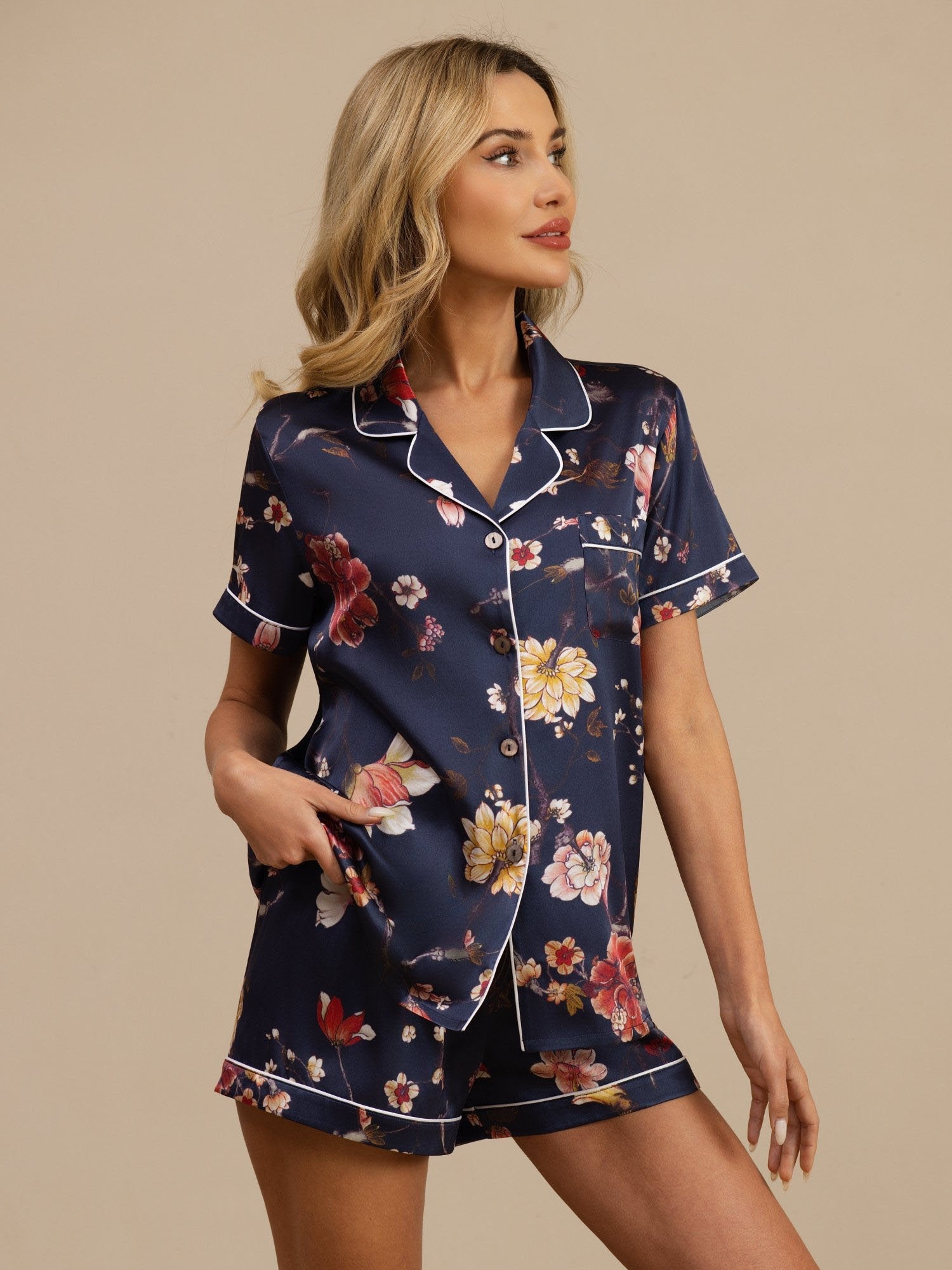 [Navy Floral] SilkSilky  Short Sleeve Lapel Collar Women's Pajamas 001