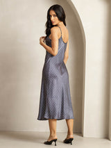 Navy ginkgo print silk midi dress with V neck and adjustable straps