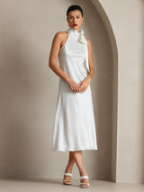 White sleeveless silk midi dress with tie neck and straight fit
