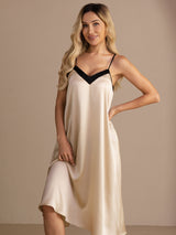 Model wearing champagne silk contrast V-neck spaghetti strap midi nightgown