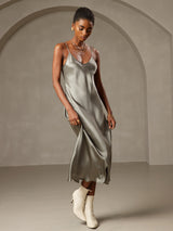 [Grayish Green] SilkSilky  Spaghetti Strap V Neck Dress 005