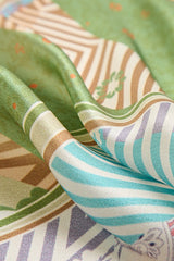 100% mulberry silk square scarf with green patchwork stripes and floral accents