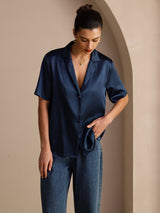 [Dark Blue] SilkSilky  Short Sleeve Lapel Collar Women's Shirts 005