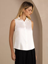 [White] SilkSilky  Sleeveless Lapel Collar Women's Shirts 001