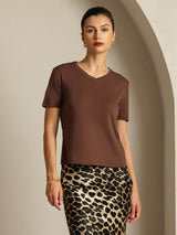 [Coffee] SilkSilky  Short Sleeve V Neck Women's T-Shirt 001