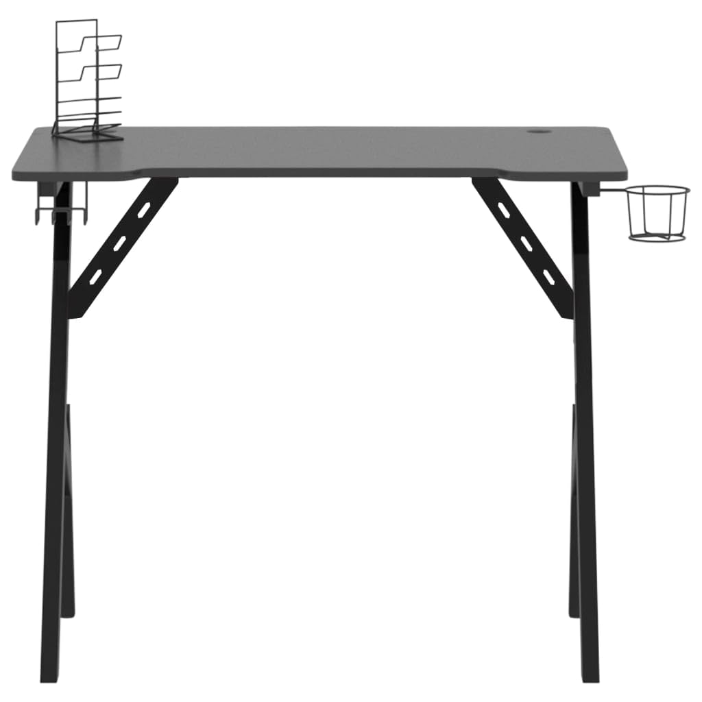 vidaXL Black Gaming Desk - Engineered Wood & Iron Y-Shaped Legs - Spacious PC Table with Cup/Headphone/Controller Holders for Office & Home