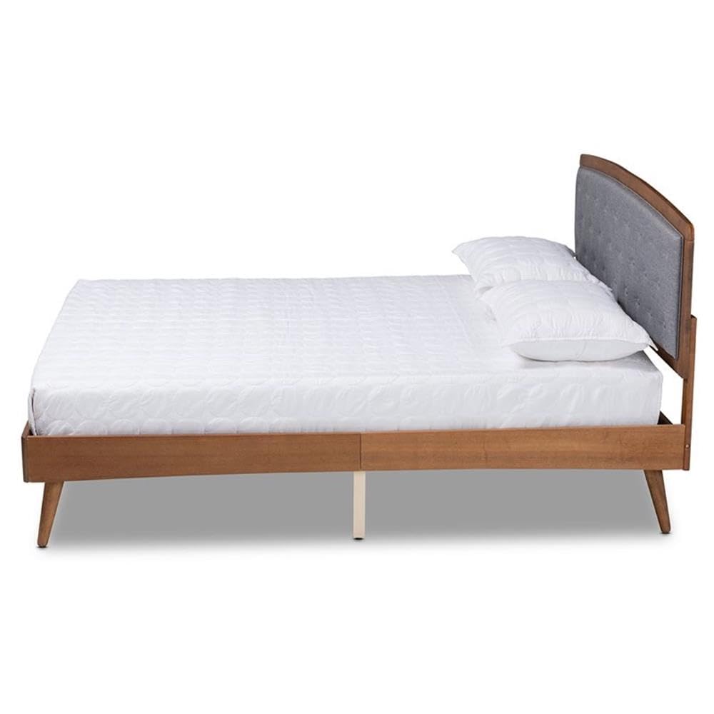 Baxton Studio Ratana Mid-Century Modern Transitional Grey Fabric Upholstered and Walnut Brown Finished Wood Queen Size Platform Bed