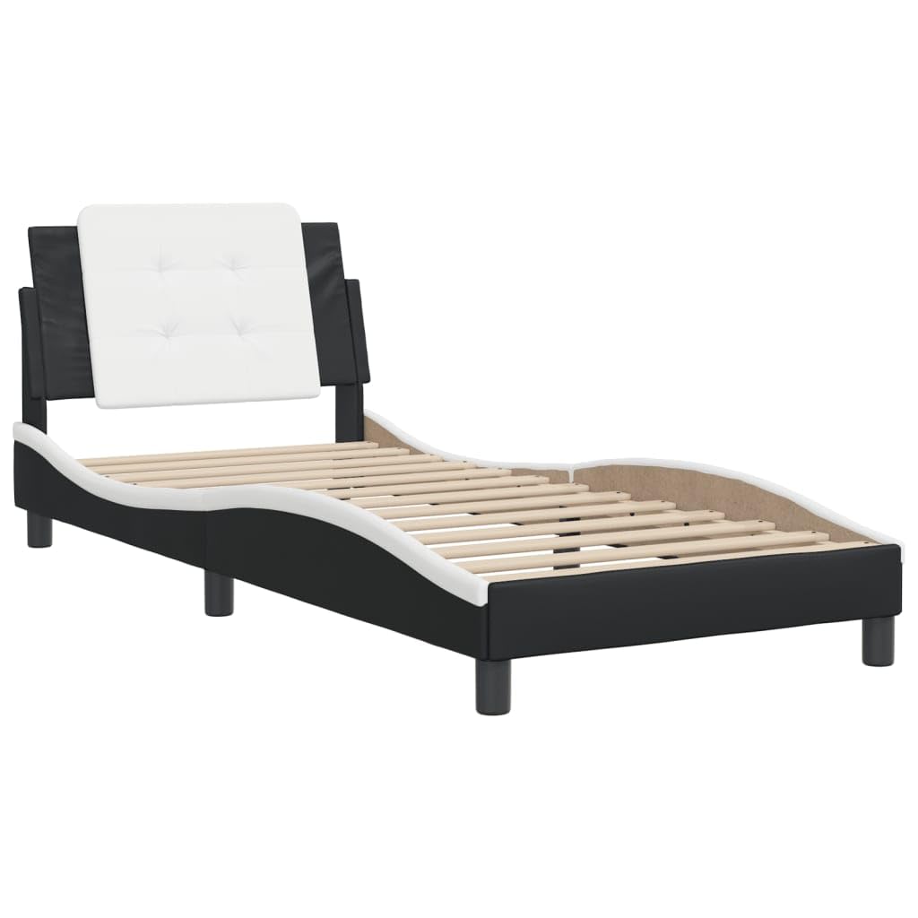 vidaXL Bed Frame with Headboard in Faux Leather Twin XL – Stylish Black & White Design, Excellent Support, Comfortable Foam-Filled Cushion
