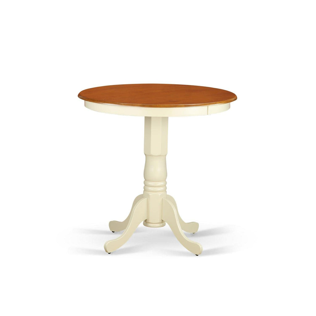 East West Furniture JAQU3-WHI-W 3 Piece Counter Height Dining Table Set Contains a Round Wooden Table with Pedestal and 2 Kitchen Dining Chairs, 36x36 Inch, Buttermilk & Cherry