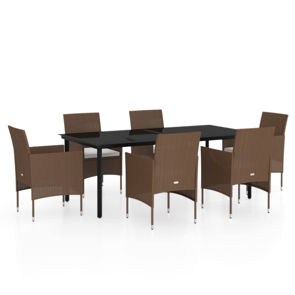 vidaXL Patio Dining Set 7 Piece with Cushions - Brown and Black Outdoor Garden Furniture - PE Rattan Chairs and Glass Table
