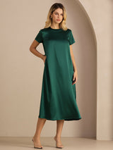 [Dark Green] SilkSilky  Short Sleeve Crew Neck Dress 003