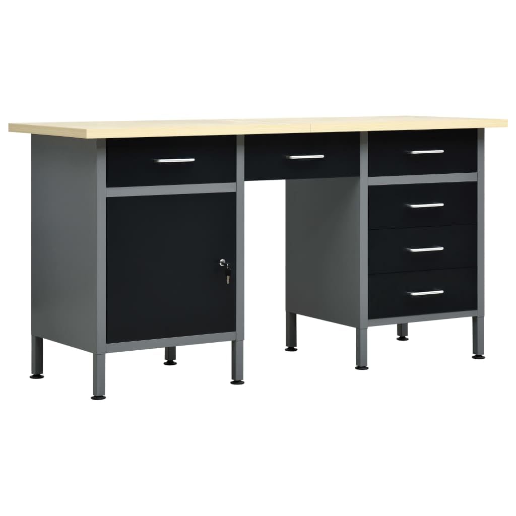 vidaXL Workbench, Work Station with Drawers and Door, Work Table, Tool Bench for Garage Utility Room Stockroom DIY Workshop, Heavy Duty Steel