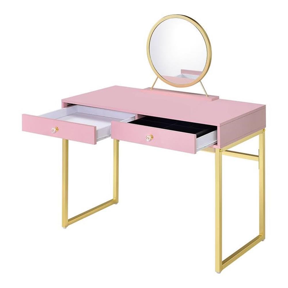 Acme Coleen 2 Wooden Drawers Vanity Desk with Jewelry Tray in Pink and Gold