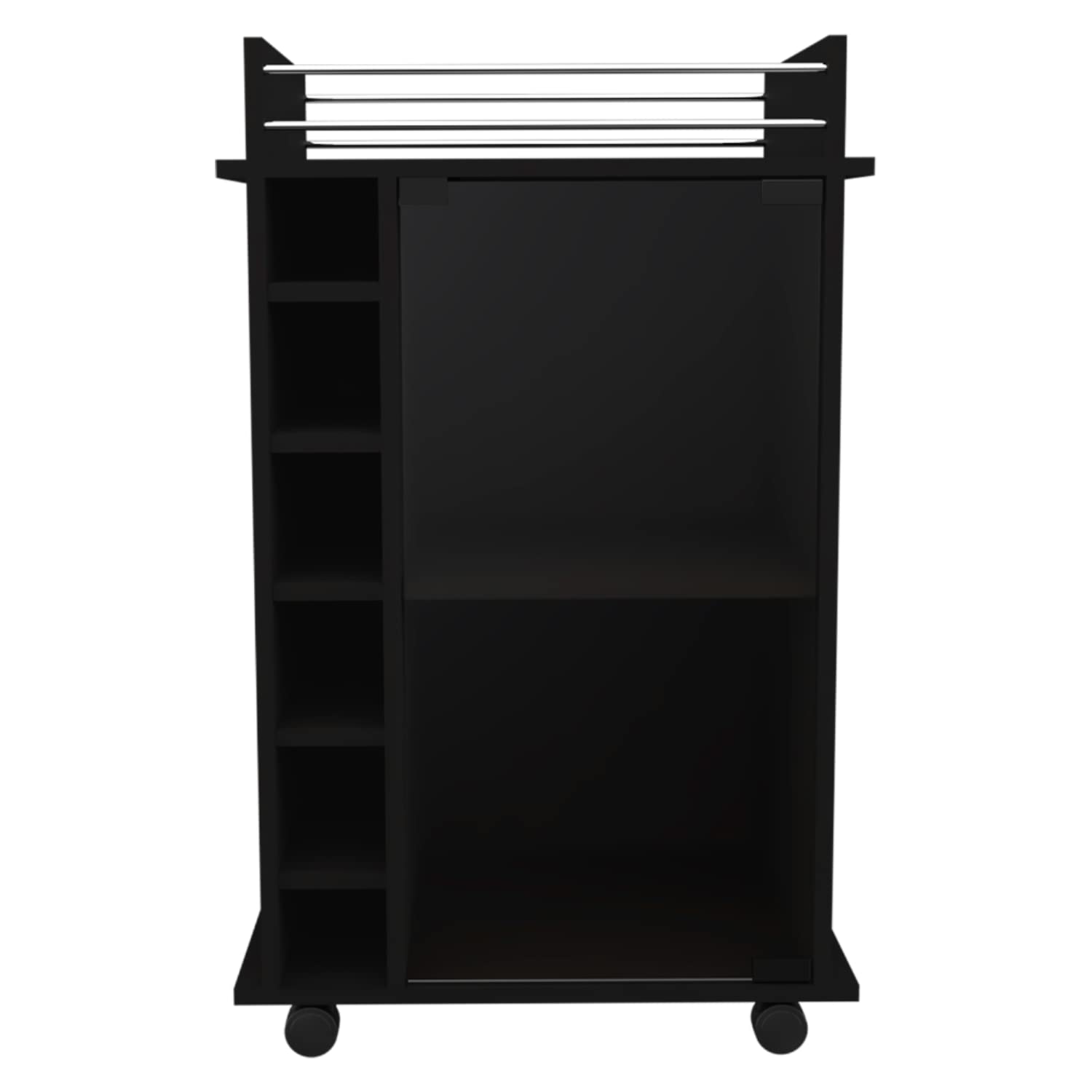 Huali Bar Cart, Glass Door, 4 Casters, 2 Shelves, Black
