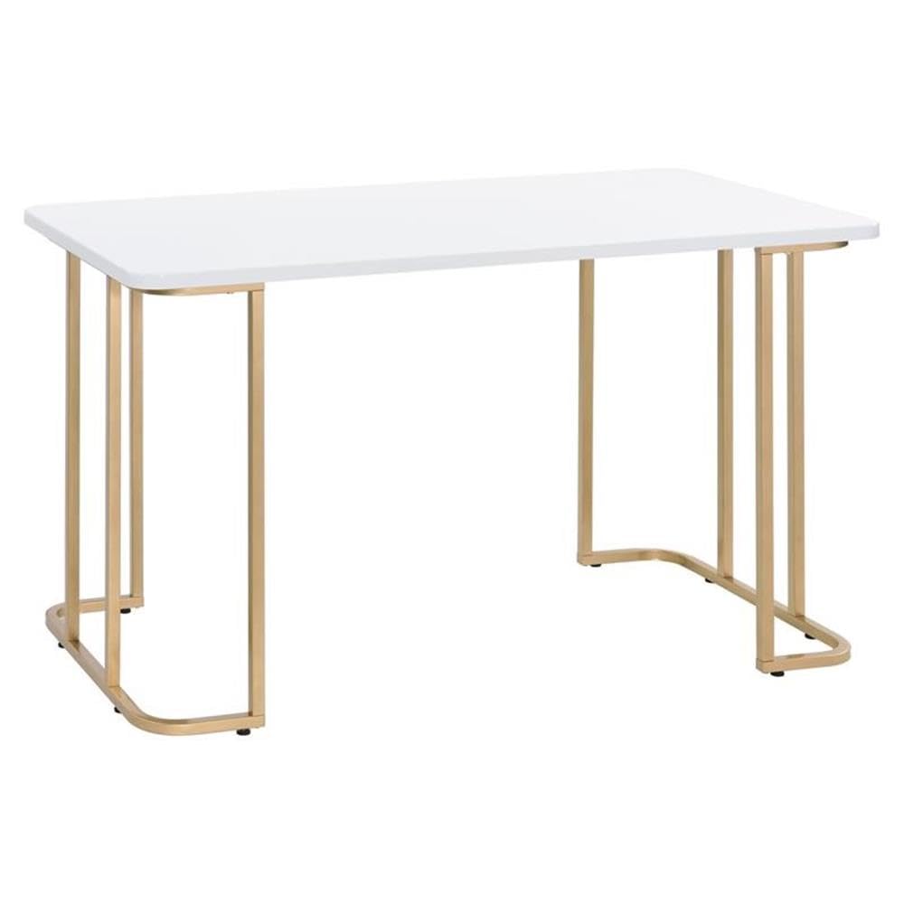 Acme Estie Wooden Top Writing Desk With Metal Sled Base In White And Gold