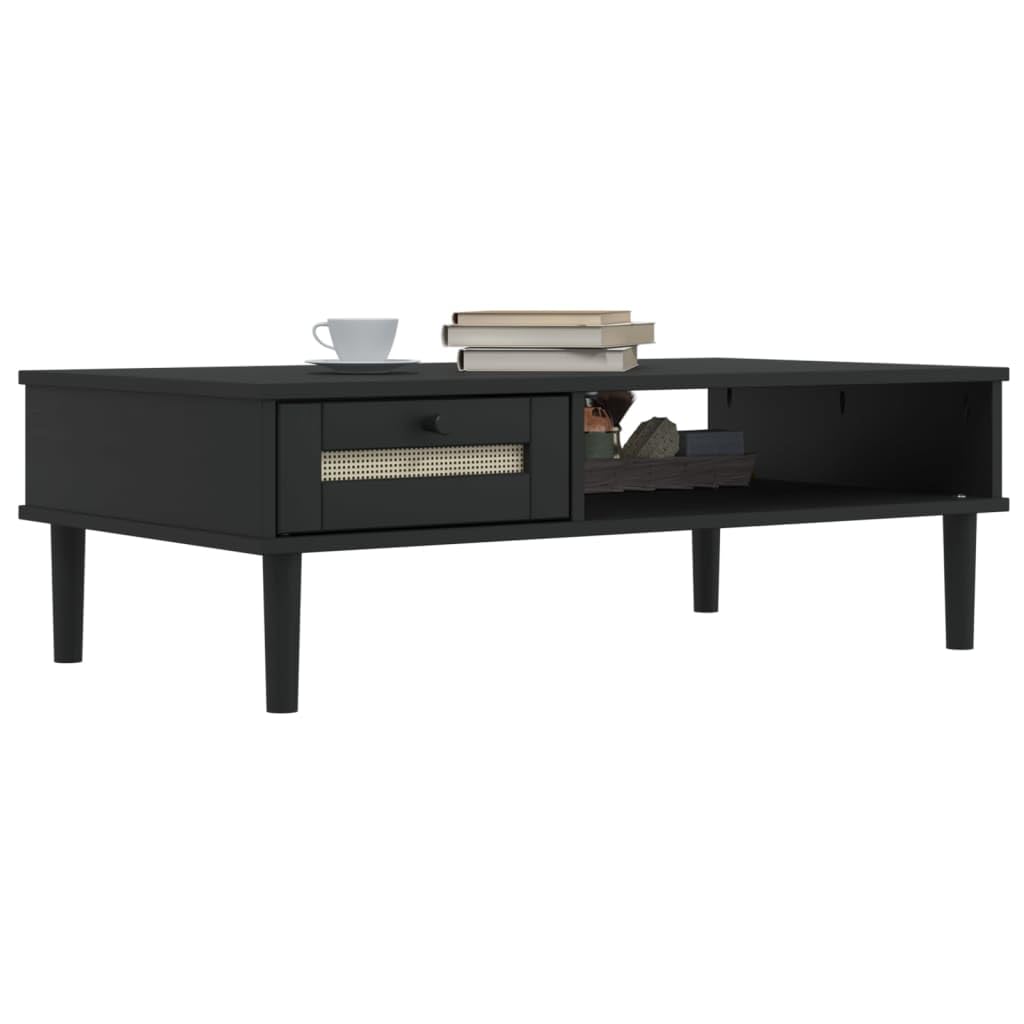 vidaXL SENJA Rattan Look Accent Coffee Table - Black Solid Pine Wood with UV Varnish, Storage Drawer, Rectangular Sofa Side Table for Living Room