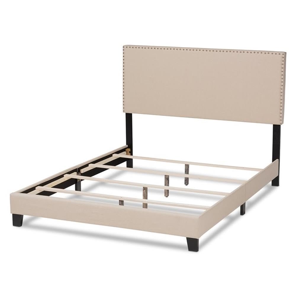 Baxton Studio Ramon Full Size Beige Linen Panel Bed with Nailhead Trim