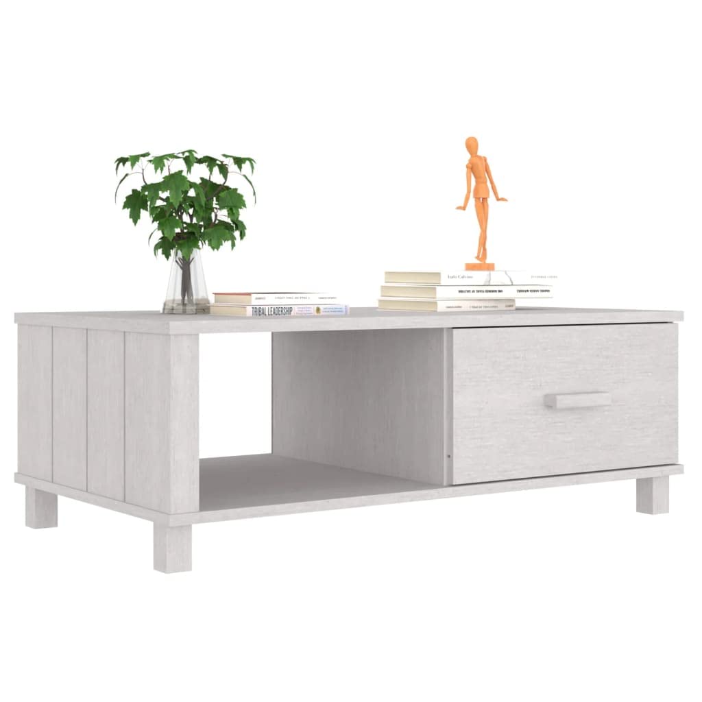 vidaXL HAMAR Rectangular Coffee Table - White Solid Pinewood Construction with Spacious Storage Drawer and Compartment - Ideal for Living Room