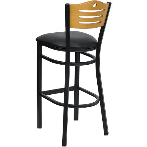 Flash Furniture HERCULES Series Black Slat Back Barstool - Natural Wood Back, Black Vinyl Seat, Metal Frame, Set of 1