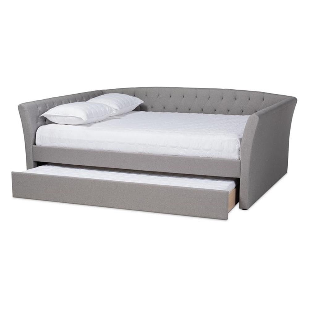 Baxton Studio Delora Modern and Contemporary Light Grey Fabric Upholstered Queen Size Daybed with Roll-Out Trundle Bed