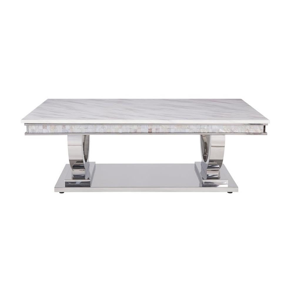 Acme Zander Coffee Table in White Printed Faux Marble and Mirrored Silver Finish
