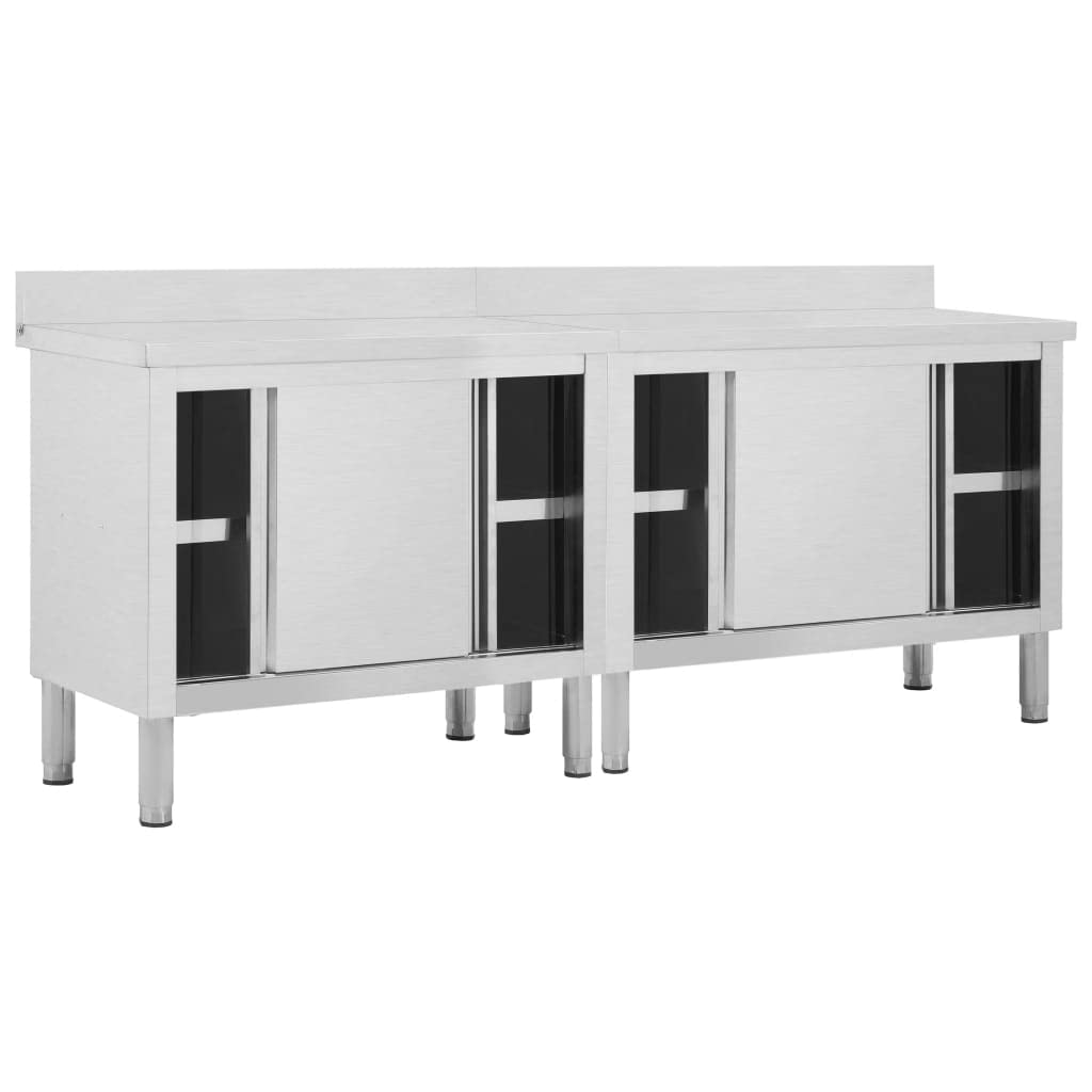 vidaXL 2pcs Stainless Steel Work Tables with Sliding Doors and Storage Space, Adjustable Height, Hygienic Design for Restaurants, Hotels, Commercial Kitchens