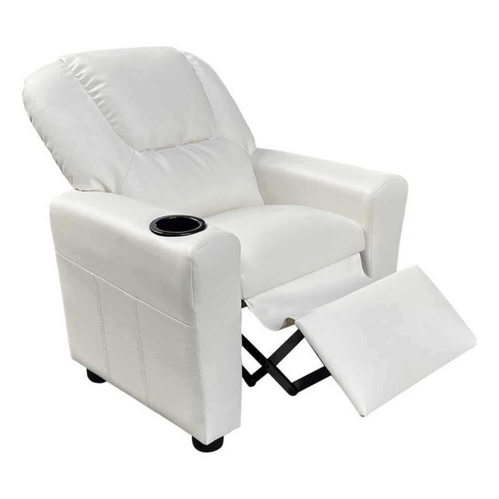 Lilola Home Marisa 23 W White PU Leather Kids Recliner Chair - Youth-Sized Armchair with Cup Holder, Black Plastic Legs, and Wat