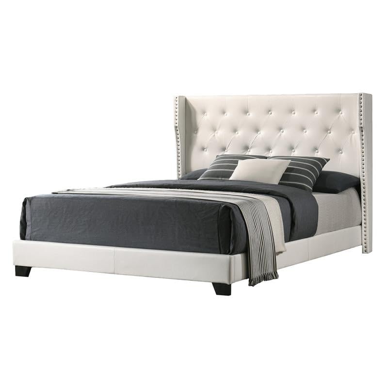 Comtemporary Upholstered Full Bed, White Faux Leather