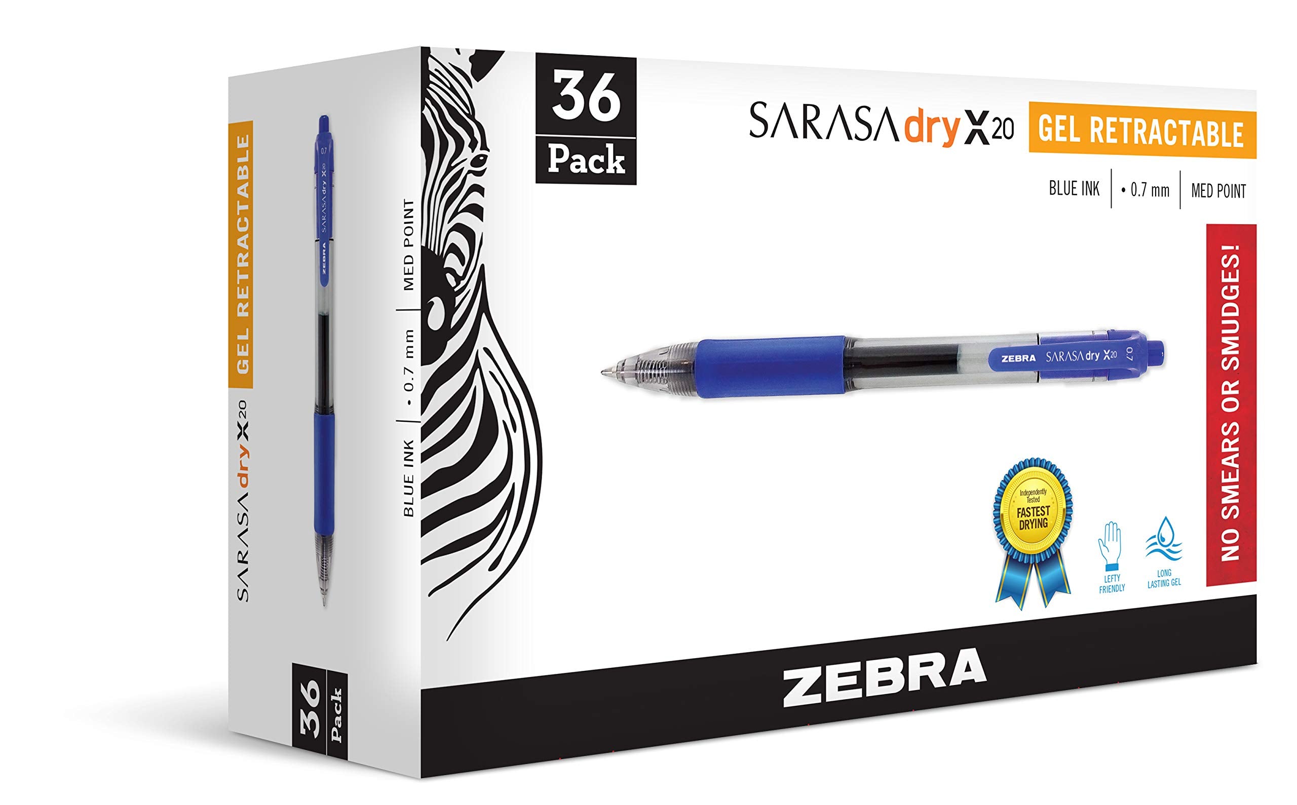 Zebra Pen Sarasa Dry X20 Retractable Gel Pen, Medium Point, 0.7Mm, Blue Ink, 36-Pack