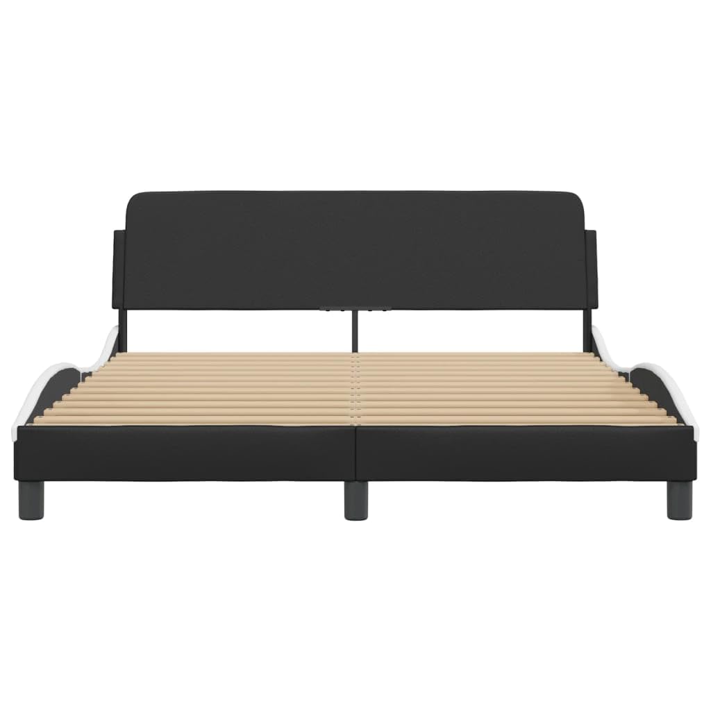 vidaXL Faux Leather Bed Frame - 59.8x79.9 Black/White - Fashionable Waved Design Headboard, Easy Maintenance, Sturdy Support Legs, Plywood Slats