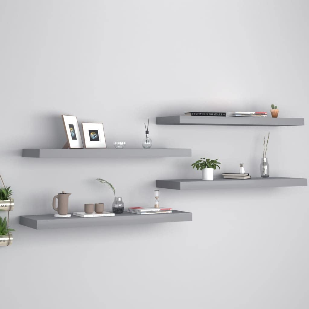vidaXL 4pcs Floating Wall Shelves in Gray, 31.5"x9.3"x1.5" - Durable Honeycomb MDF & Metal Construction with Invisible Mounting System