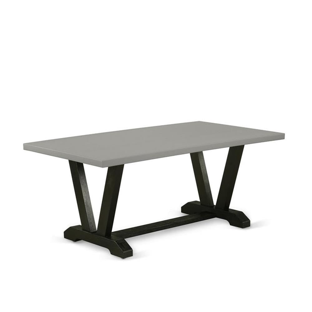 East West Furniture V697BA105-6 6 Pc Dining Table Set Contains a Cement Mid Century Dining Table and a Modern Bench, 4 Grey Linen Fabric Parson Chairs with High Back - Wire Brushed Black Finish