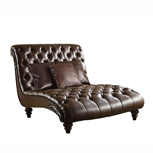 Acme Tufted Upholstered Faux Leather Chaise with 3 Pillows, 2-tone Brown, Model AC-15035