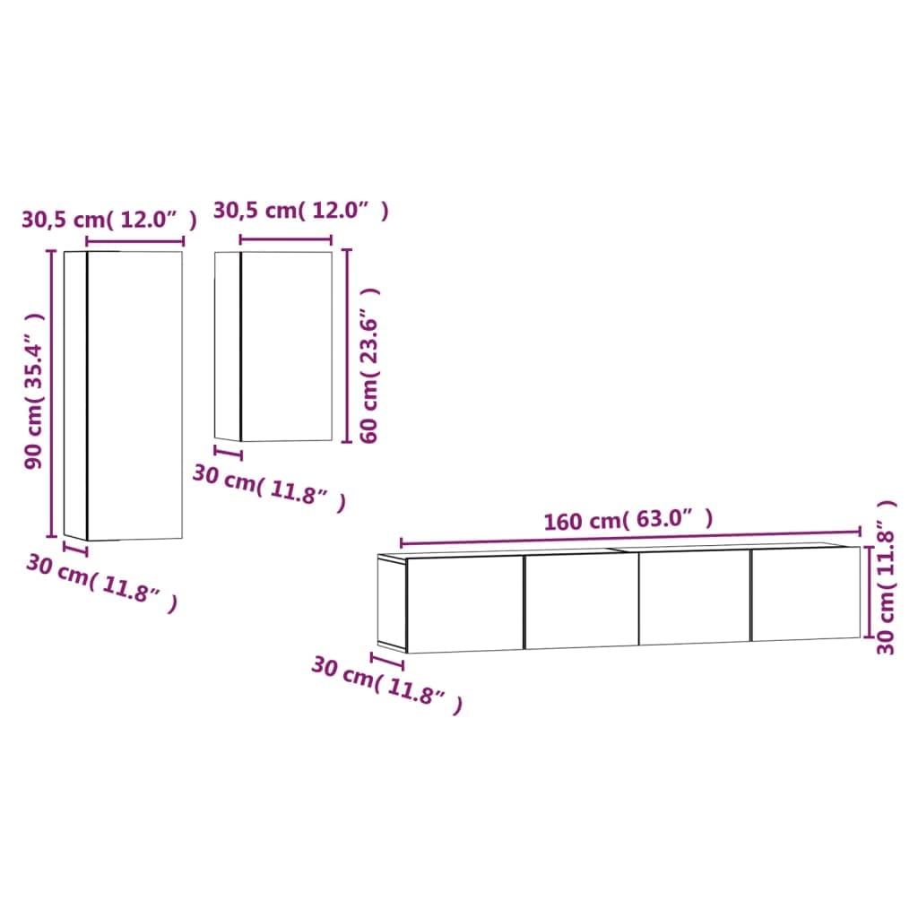 vidaXL TV Stand Set 4 Piece, Wall Mounted Entertainment Center, TV Stand Console with Storage, Modern Style, Concrete Gray Engineered Wood