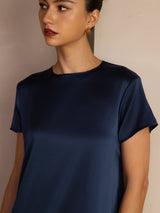 [Dark Blue] SilkSilky  Short Sleeve Crew Neck Dress 004