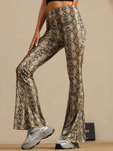 Women's high-waisted silk jersey flare pants with snake print, slim fit and full length