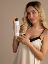 SilkSilky laundry detergent bottle for silk and delicate fabrics, held by woman in satin dress
