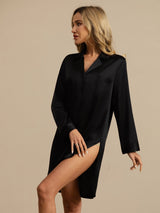 [Black] SilkSilky  Long Sleeve Lapel Collar Nightshirt 003