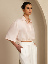 [Pink] SilkSilky  18Momme Silk Satin Surah Half Sleeve Lapel Collar Blouse 004