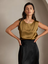 Gold sleeveless silk tank top with round neck and straight fit